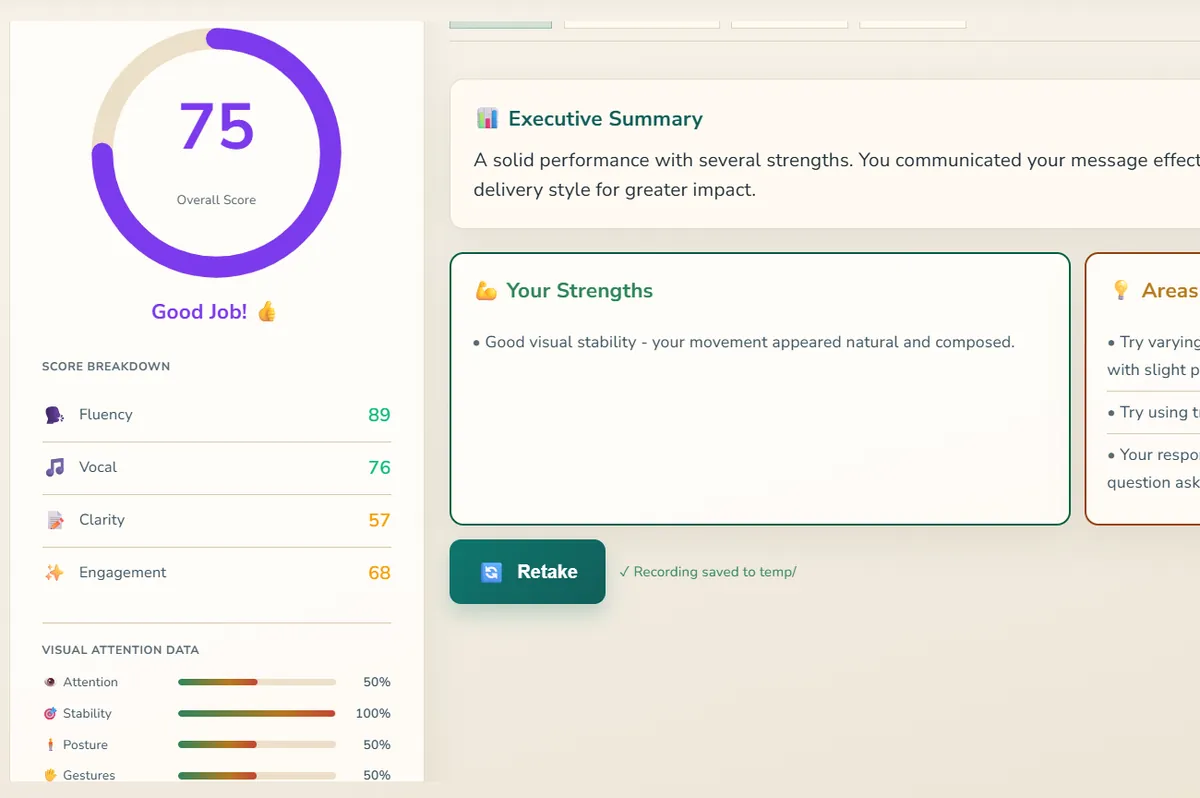 Mock Interview result with an overall score of 75, a score breakdown, strengths and areas to improve