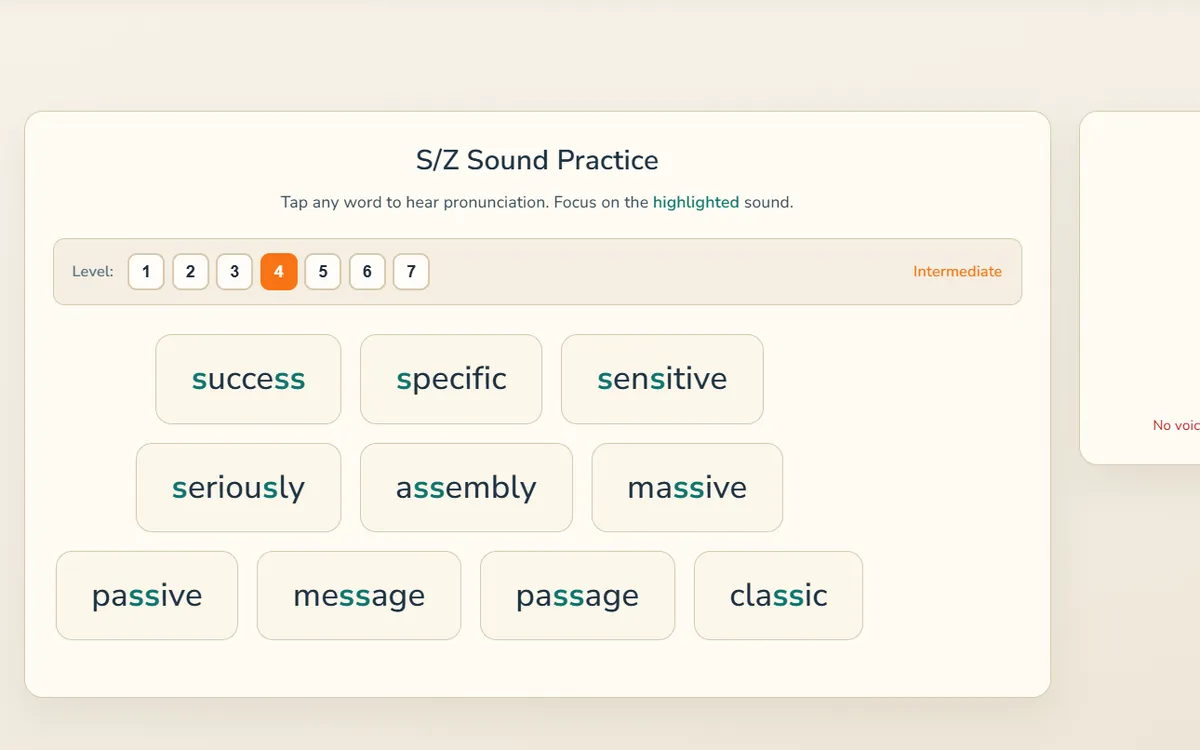 Pronunciation practice with seven levels and a set of words for the S and Z sounds